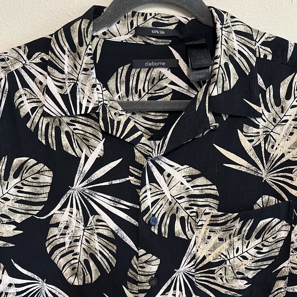 Claiborne Silk Floral / Palm Leaf Print Hawaiian Camp Shirt